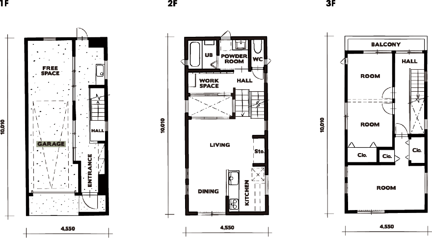 ハウスガレージ3階建てプラン間取り